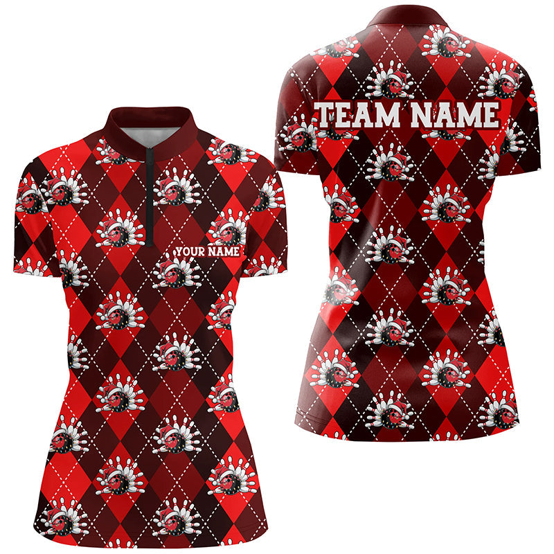 Red Argyle Pattern Custom Christmas Ladies Bowling Shirts, Team Bowling Uniform Xmas Outfit IPHW7330