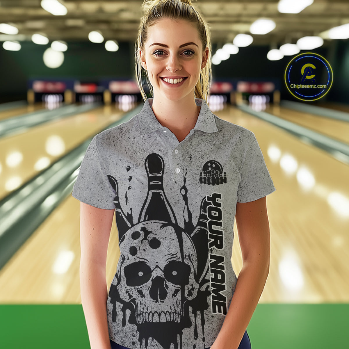 Custom American Flag Skull Bowling Shirts For Women, Patriotic Team Bowling Jerseys IPHW5846