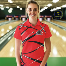 Load image into Gallery viewer, Front view of a female bowler in a bowling alley wearing a red, black, and white bowling polo shirt with an athletic jersey pattern