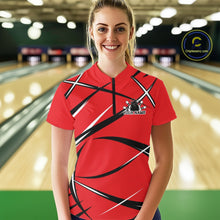 Load image into Gallery viewer, Front view of a female bowler in a bowling alley wearing a red, black, and white bowling quarter-zip shirt with an athletic jersey pattern