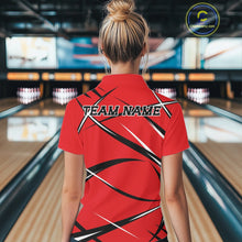 Load image into Gallery viewer, Back view of a female bowler in a bowling lane wearing a red, black, and white bowling quarter zip shirt with a sporty jersey design