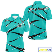 Load image into Gallery viewer, Men's bowling polo shirt mockup featuring front and back views, custom name, and turquoise blue, black, and white jersey design
