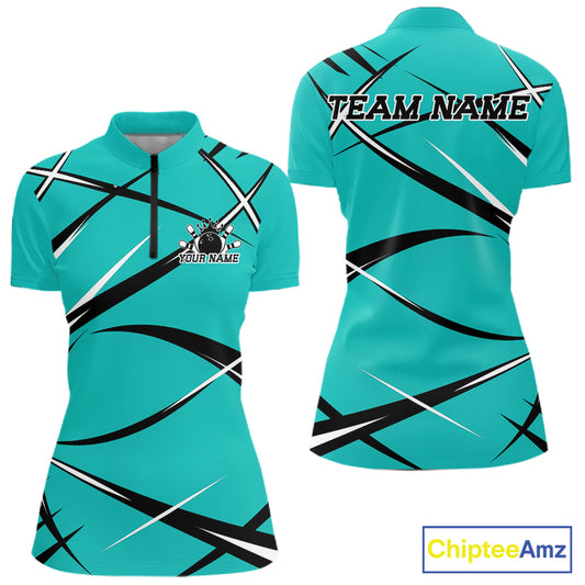 Women's bowling quarter-zip shirt mockup with front and back views, custom name, and turquoise blue jersey graphics
