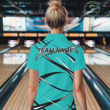Load image into Gallery viewer, Back view of a female bowler in a bowling alley wearing a turquoise blue, black, and white bowling quarter zip shirt with an athletic jersey pattern