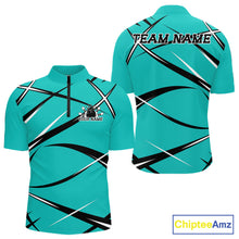 Load image into Gallery viewer, Front and back view of a men s bowling quarter zip shirt mockup featuring a turquoise blue, black, and white athletic bowling jersey pattern
