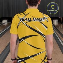Load image into Gallery viewer, Back view of a male bowler wearing a yellow, black, and white bowling polo shirt in a bowling lane