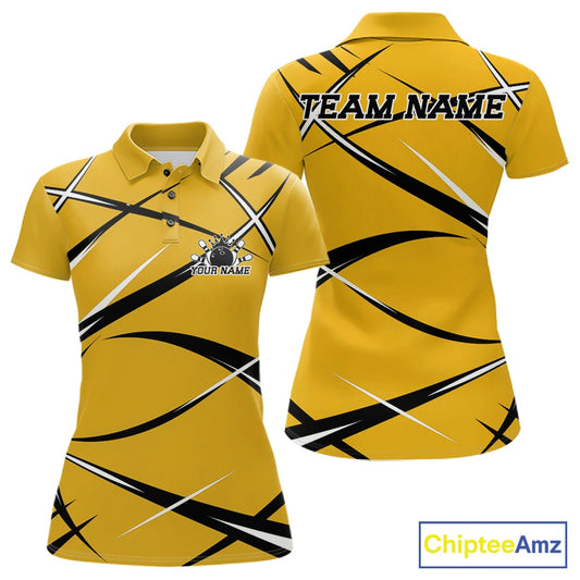 Front and back view of a women's bowling polo shirt mockup showcasing a yellow, black, and white athletic jersey pattern