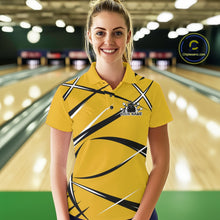 Load image into Gallery viewer, Front view of a female bowler wearing a yellow, black, and white bowling polo shirt in a bowling lane