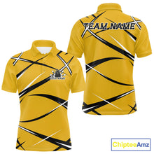 Load image into Gallery viewer, Front and back mockup of a men's bowling polo in yellow, black, and white with a custom name.