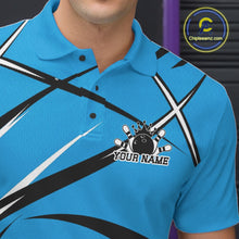 Load image into Gallery viewer, Close up of the left chest area on a bowling polo shirt featuring a blue, black, and white athletic jersey pattern