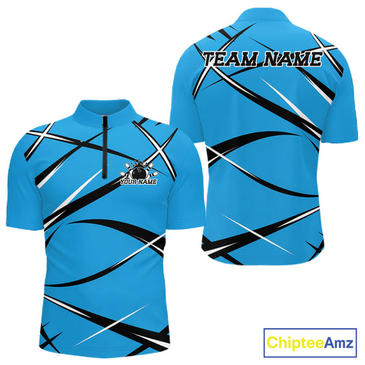 Men's bowling quarter-zip shirt mockup showing front and back views with a custom name and blue, black, and white jersey pattern
