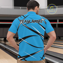 Load image into Gallery viewer, Front view of a male bowler in a bowling alley wearing a blue, black, and white bowling quarter zip shirt with an athletic jersey pattern