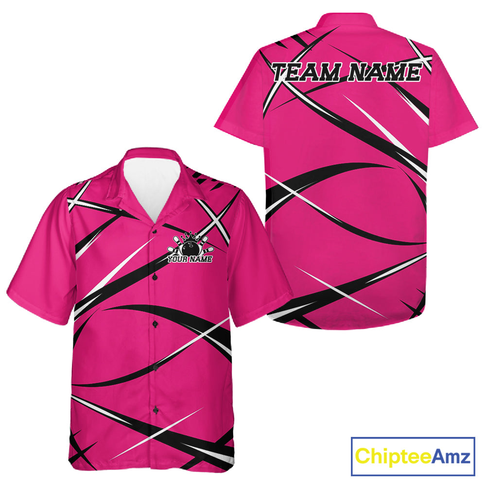 Front and back view of a button up bowling shirt mockup featuring a pink, black, and white athletic jersey pattern