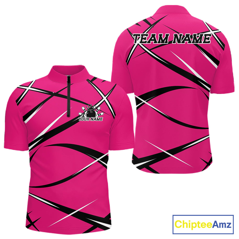 Men's bowling quarter-zip shirt mockup featuring front and back views, personalized name, and pink, black, and white jersey design
