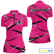 Load image into Gallery viewer, Front and back mockup of a women's quarter zip bowling shirt in pink, black, and white with a custom name.
