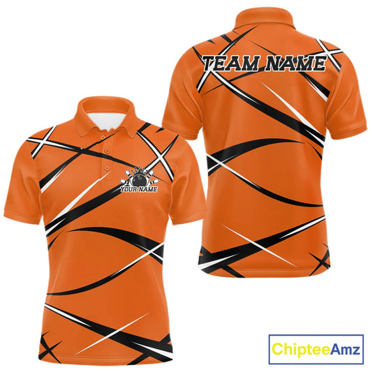 Front and back view of a men's bowling polo shirt mockup showcasing an orange, black, and white athletic bowling jersey pattern