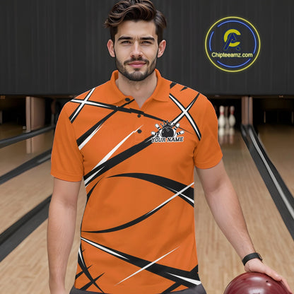 Front view of a male bowler in a bowling alley wearing an orange, black, and white bowling polo shirt with a sporty jersey design