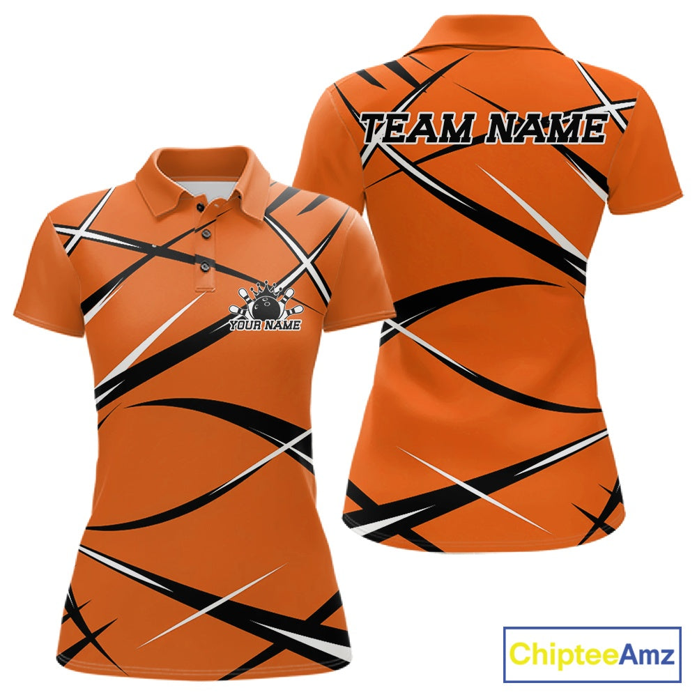 Front and back view of a women's bowling polo shirt mockup featuring an orange, black, and white sporty jersey-inspired design