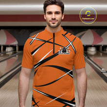 Load image into Gallery viewer, Front view of a male bowler wearing an orange, black, and white bowling quarter zip shirt in a bowling alley