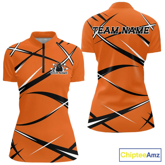 Front and back view of a women's bowling quarter-zip shirt mockup with an orange, black, and white sporty bowling jersey design