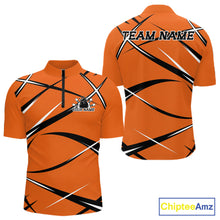 Load image into Gallery viewer, Front and back mockup of a men's quarter zip bowling shirt in orange, black, and white with a custom name.
