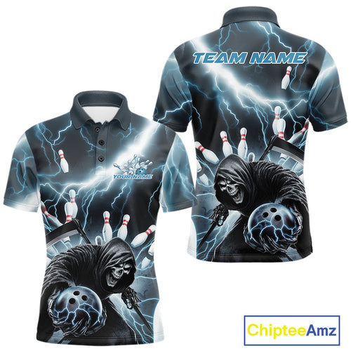 Custom Blue Thunder Lightning Grim Reaper Bowling Men Polo Shirt, Halloween Bowling Outfit IPHW9797