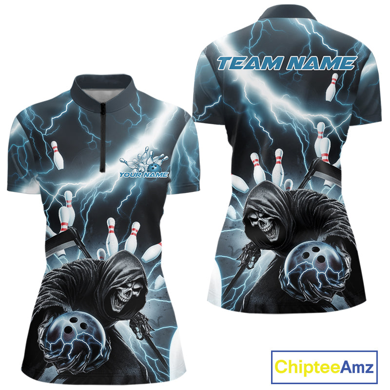 Custom Blue Lightning Grim Reaper Bowling Women Quarter-Zip Shirt, Halloween Outfit IPHW9797