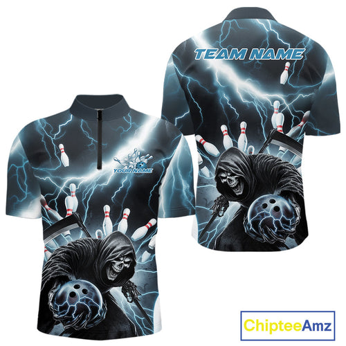 Custom Blue Thunder Lightning Grim Reaper Bowling Men Quarter-Zip Shirt, Halloween Bowling Outfit IPHW9797