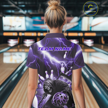 Custom Purple Thunder Lightning Grim Reaper Bowling Women Polo Shirt, Halloween Outfit IPHW9799