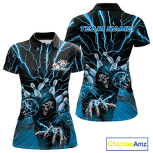 Load image into Gallery viewer, Custom Black And Blue Lightning Grim Reaper Bowling Women Polo Shirt, Halloween Outfit IPHW9804