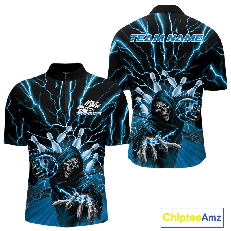 Custom Black And Blue Lightning Grim Reaper Bowling Men Quarter-Zip Shirt, Halloween Outfit IPHW9804