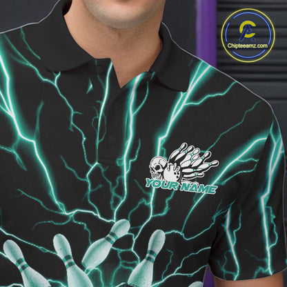 Custom Black And Green Lightning Grim Reaper Bowling Men Polo Shirt, Halloween Outfit IPHW9807