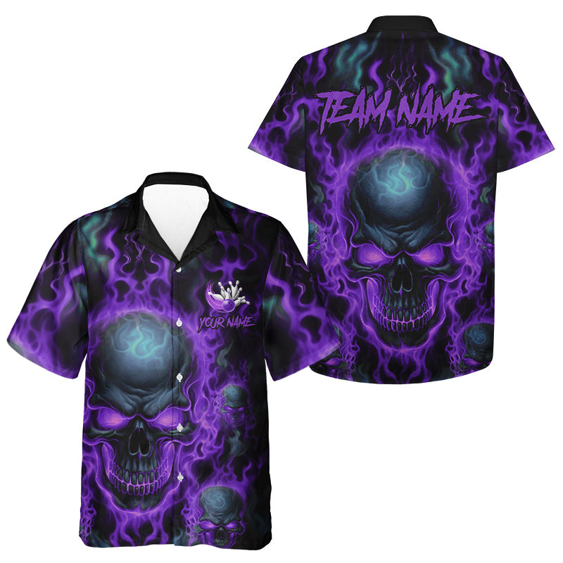Custom Bowling Hawaiian Shirts Kid Purple Flame Skull Team Bowling Jerseys Halloween Outfits IPHW5380