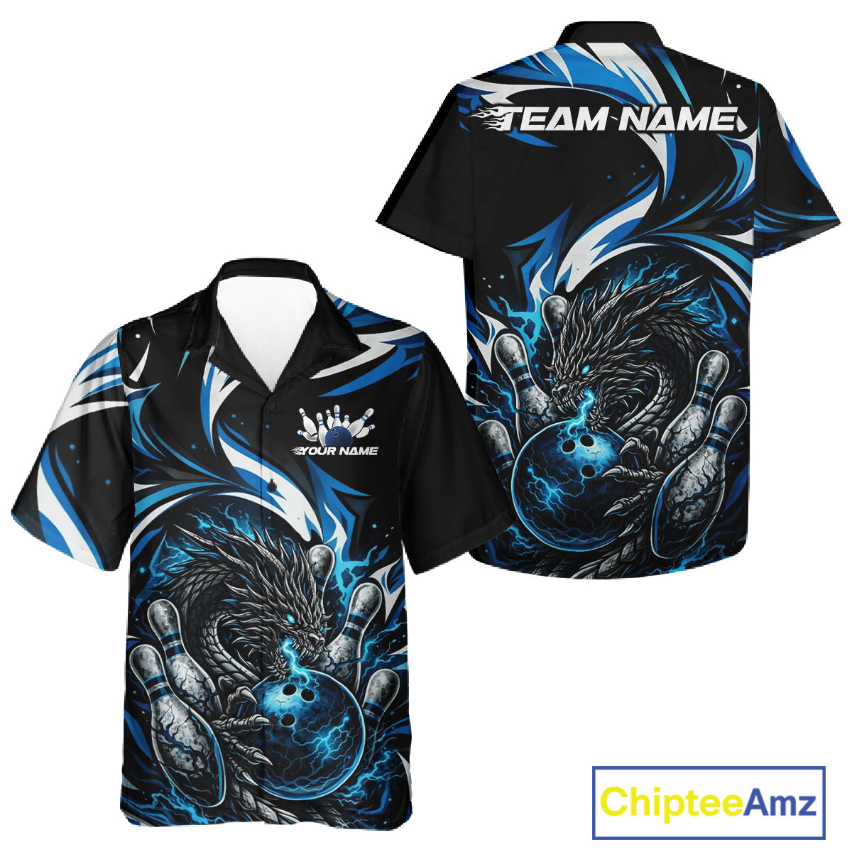 Custom Blue Lightning Dragon Bowling Men And Women Hawaiian Shirts, Dragon Bowling League Shirt IPHW10355