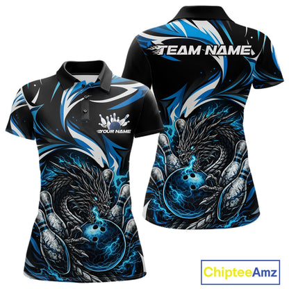 Custom Blue Lightning Dragon Bowling Women Polo Shirts, Dragon Bowling League Shirt IPHW10355