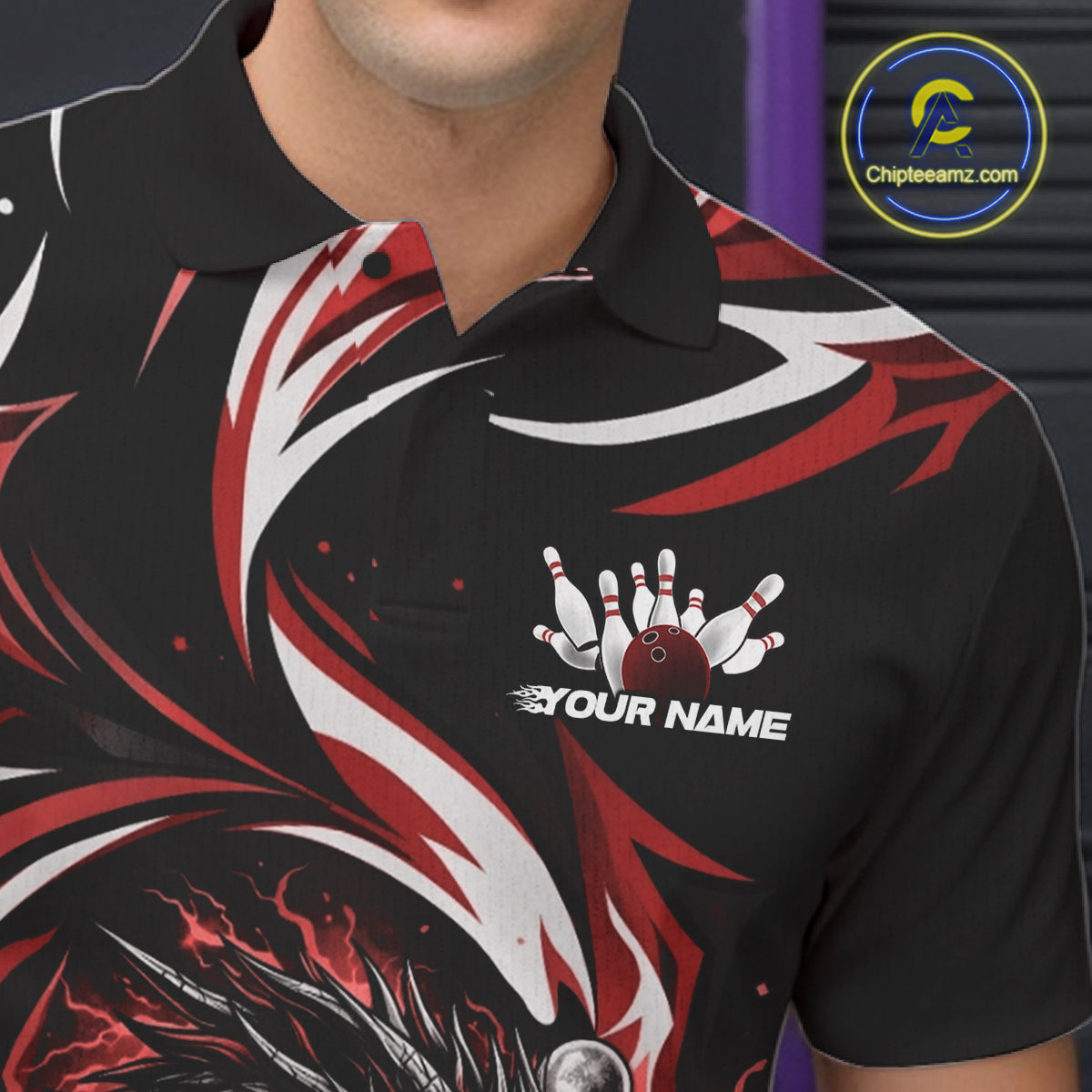 Custom Red Lightning Dragon Bowling Men Polo Shirts, Dragon Bowling League Shirt IPHW10356
