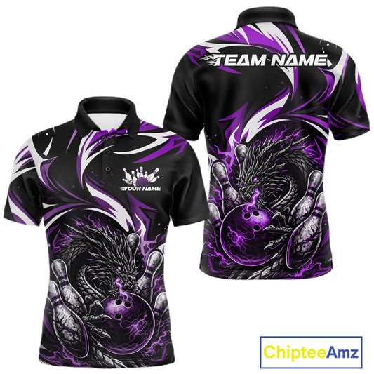 Custom Purple Lightning Dragon Bowling Men Polo Shirts, Dragon Bowling League Shirt IPHW10358