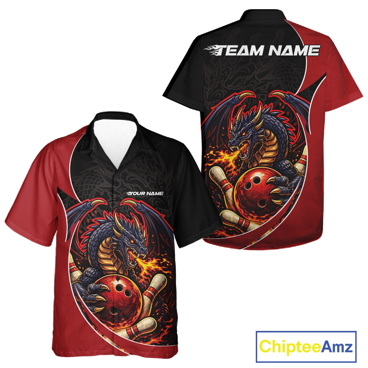 Custom Black And Red Fire Dragon Bowling Jerseys, Dragon Bowling Team Men And Women Hawaiian Shirt IPHW10365