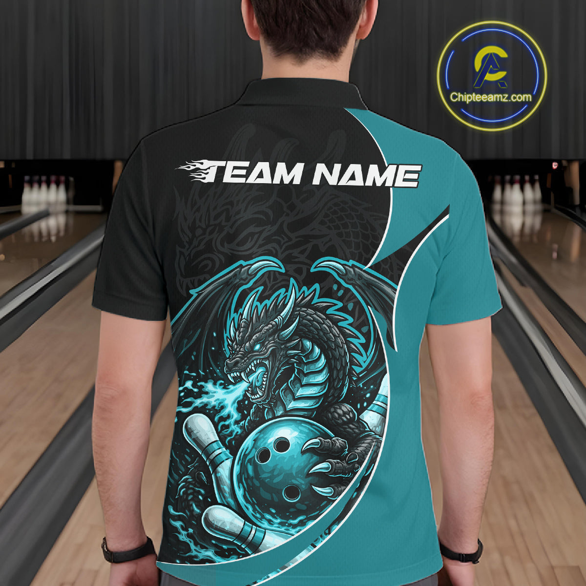 Custom Turquoise Blue Fire Dragon Bowling Jerseys, Dragon Bowling Team Men Polo Shirt IPHW10366