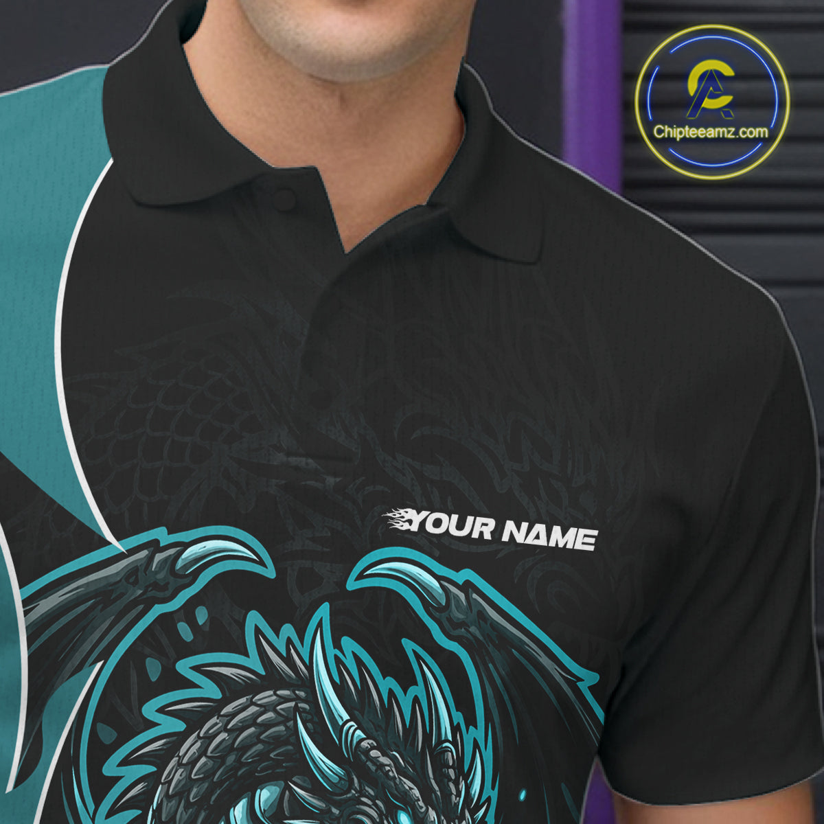 Custom Turquoise Blue Fire Dragon Bowling Jerseys, Dragon Bowling Team Men Polo Shirt IPHW10366