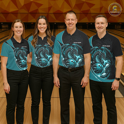 Custom Turquoise Blue Fire Dragon Bowling Jerseys, Dragon Bowling Team Men Polo Shirt IPHW10366