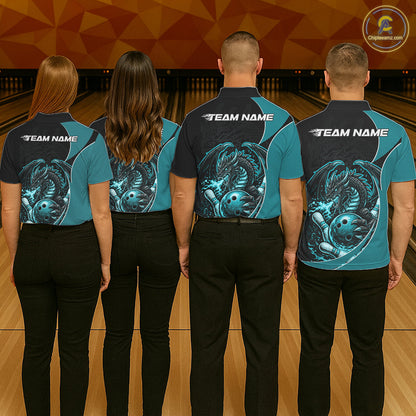 Custom Turquoise Blue Fire Dragon Bowling Jerseys, Dragon Bowling Team Men Polo Shirt IPHW10366