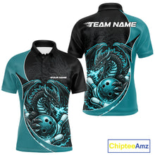 Load image into Gallery viewer, Custom Turquoise Blue Fire Dragon Bowling Jerseys, Dragon Bowling Team Men Polo Shirt IPHW10366