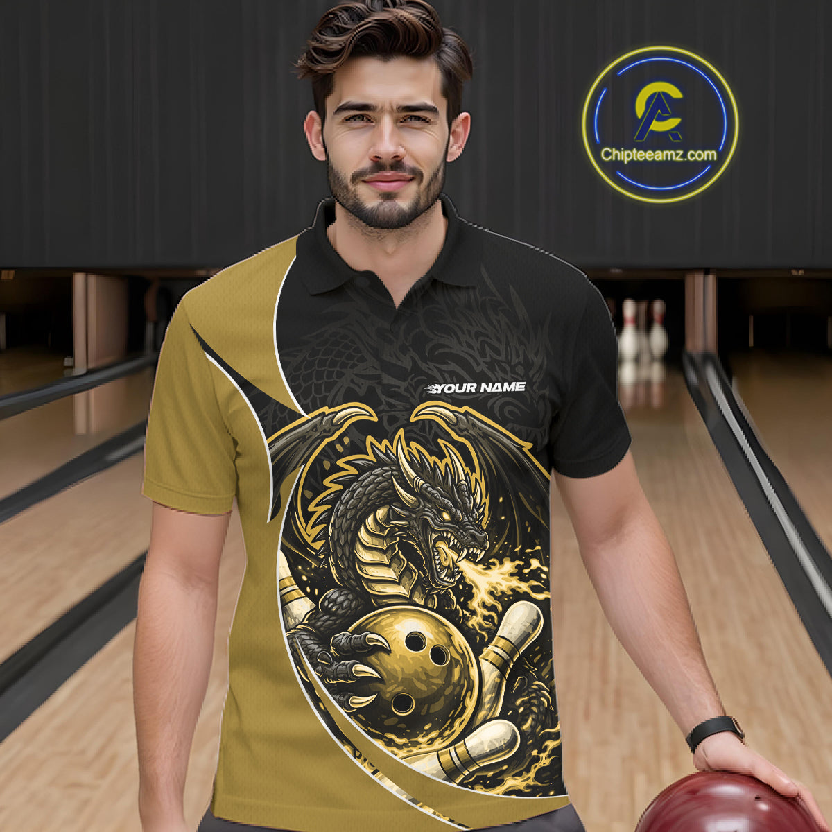 Custom Yellow Fire Dragon Bowling Jerseys, Dragon Bowling Team Men Polo Shirt IPHW10367