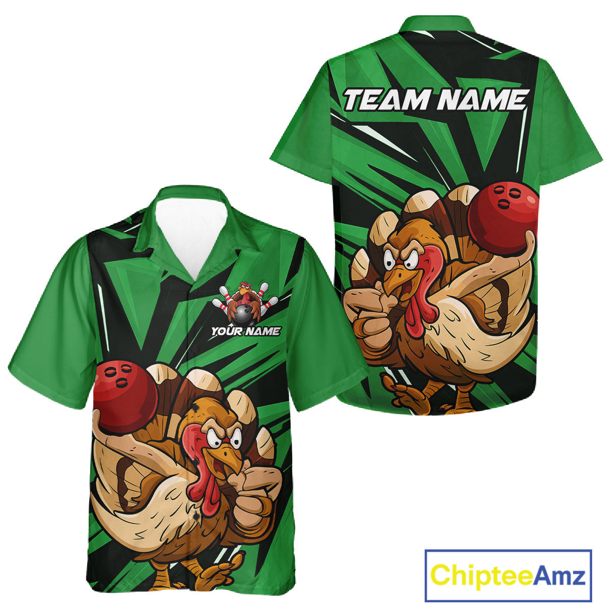 Custom Funny Turkey Bowling Shirts For Men And Women, Green Thanksgiving Bowling Shirt Team Uniform IPHW10677