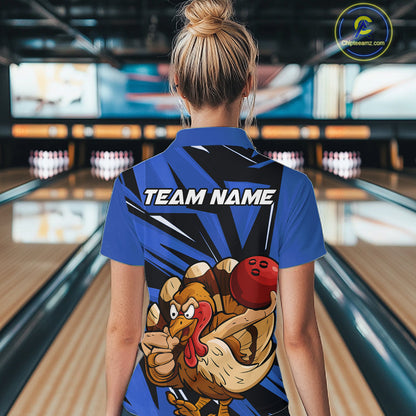 Custom Funny Turkey Bowling Shirts Women, Blue Thanksgiving Bowling Shirt Team Uniform IPHW10678