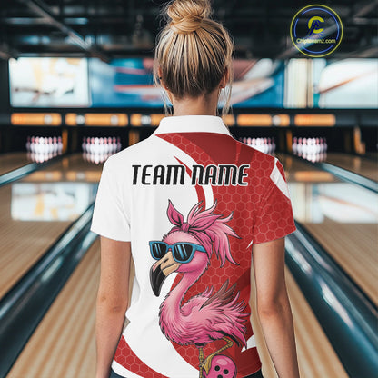 Custom Funny Red Flamingo Bowling Women Polo Shirt, Bowling League Bowlers Outfit IPHW10681