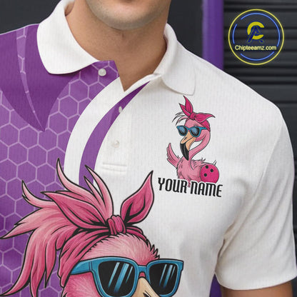 Custom Funny Purple Flamingo Bowling Men Polo Shirt, Bowling League Bowlers Outfit IPHW10682