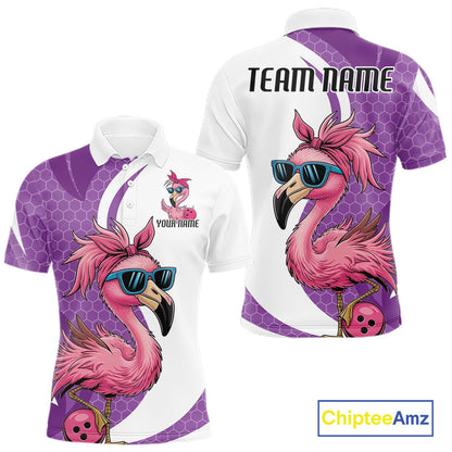 Custom Funny Purple Flamingo Bowling Men Polo Shirt, Bowling League Bowlers Outfit IPHW10682