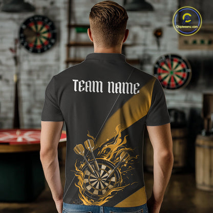 Custom Black And Yellow Flame Dartboard Darts Team Men Polo Shirts, Darts Jerseys IPHW10375